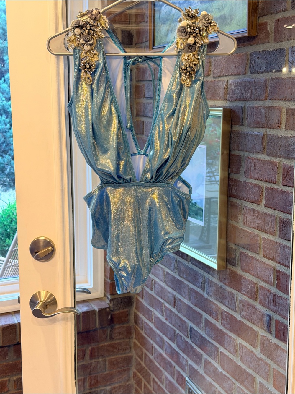 Shimmery Blue Deep-V One-Piece Swimsuit with Embellished Shoulders